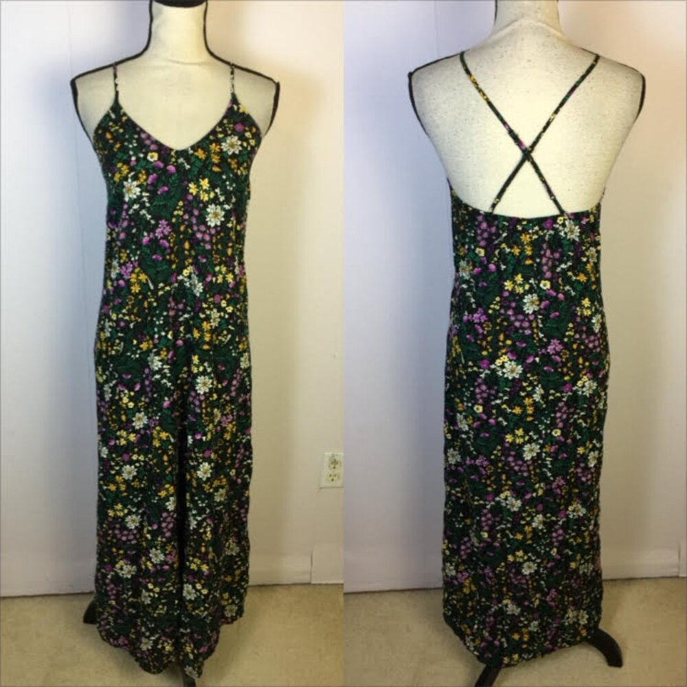 Old Navy Maxi Slip Dress XS Womans Black Floral Print V-neck Cross Back Rayon